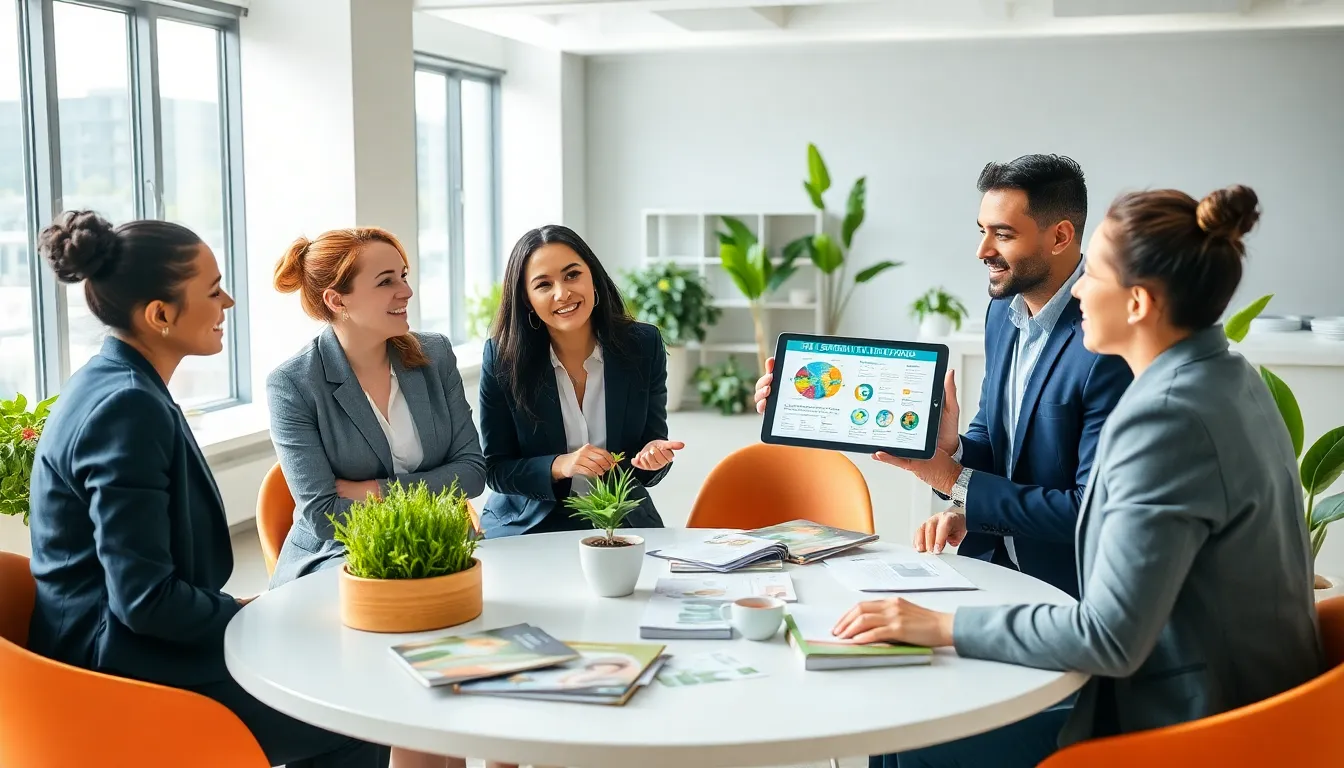 diverse team discussing self sustainable living strategies in a modern office