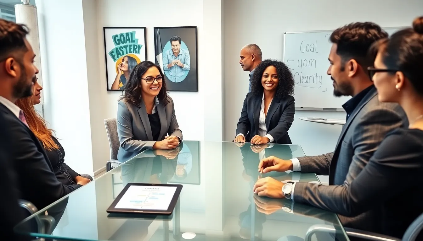 diverse professionals engaged in a goal setting coaching session.