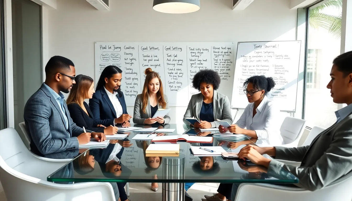 diverse professionals discussing goal setting in a modern office.