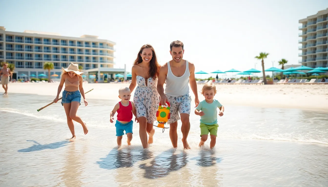 family enjoying a beach vacation with toddlers in a family-friendly resort.