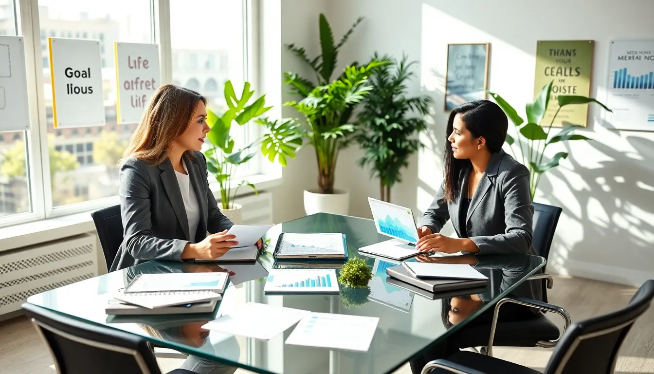 diverse professionals discussing goal setting tools in a modern office.