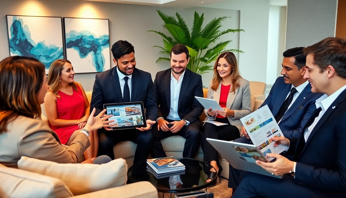 professionals discussing luxury travel in an elegant lounge.