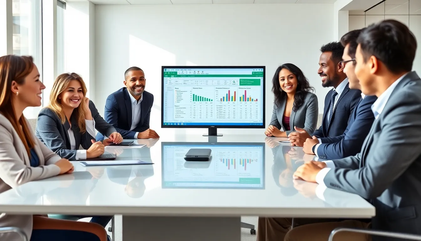 diverse professionals collaborating on a goal setting template in an office.