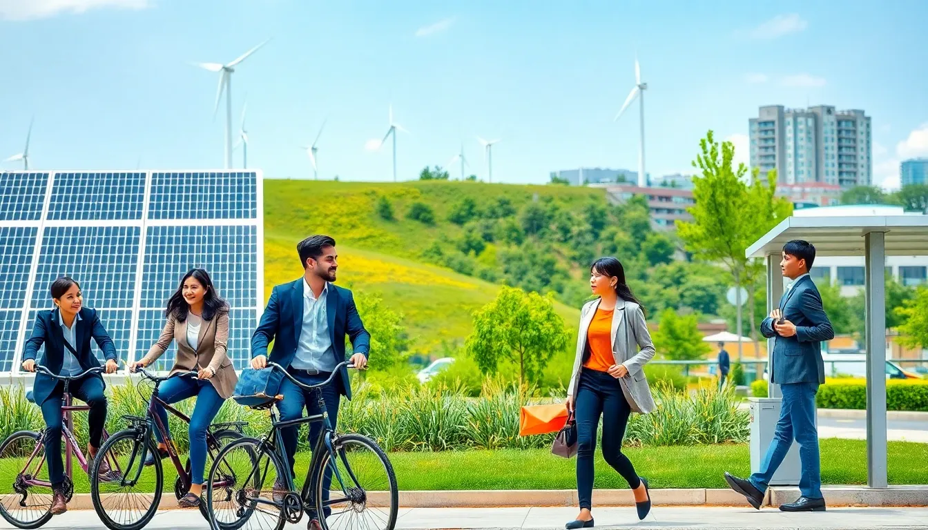 diverse group of professionals engaging in sustainable activities in a vibrant urban setting.