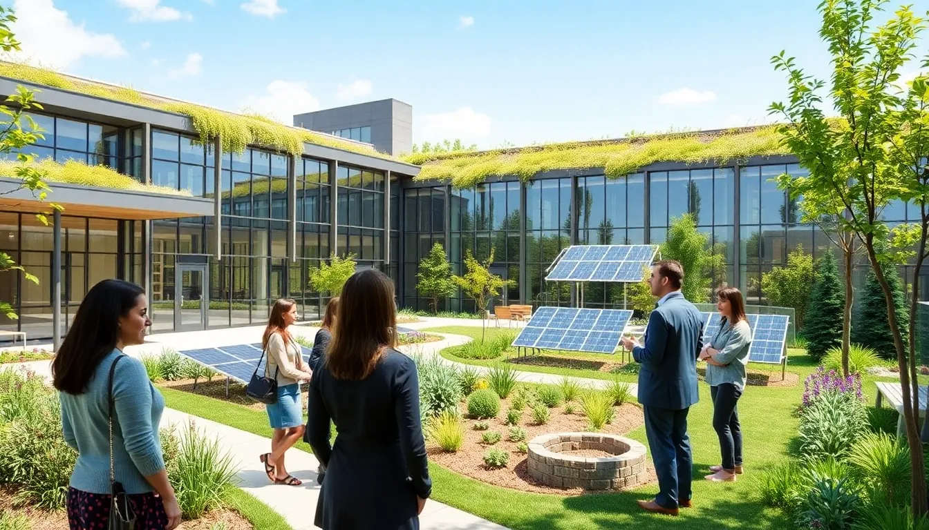 eco-friendly building with diverse professionals discussing sustainability.