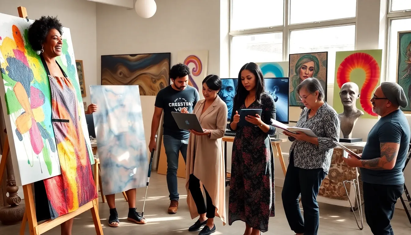 a diverse group of artists collaborating in a bright, modern studio.