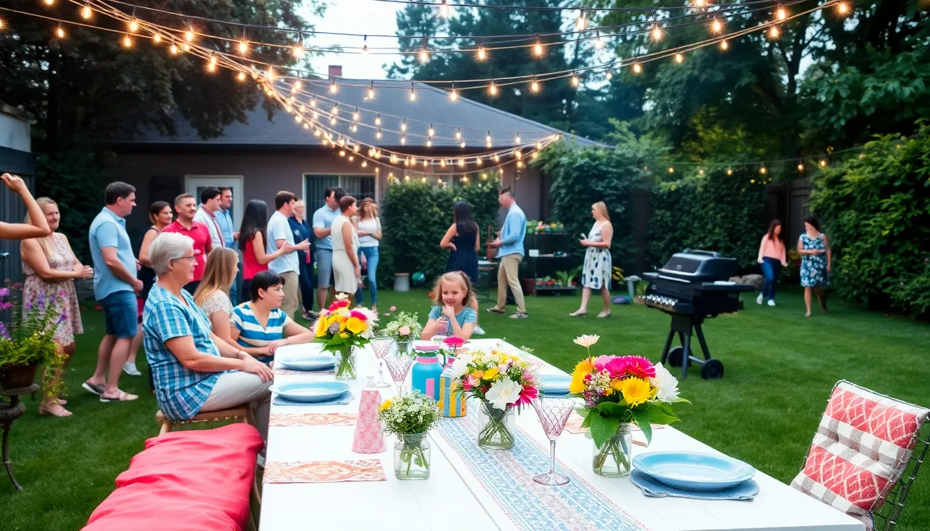 diverse group celebrating a thrifty birthday party in a backyard.